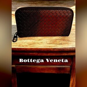 Bottega Veneta Intrecciato Leather Cognac Long Zip Around Wallet